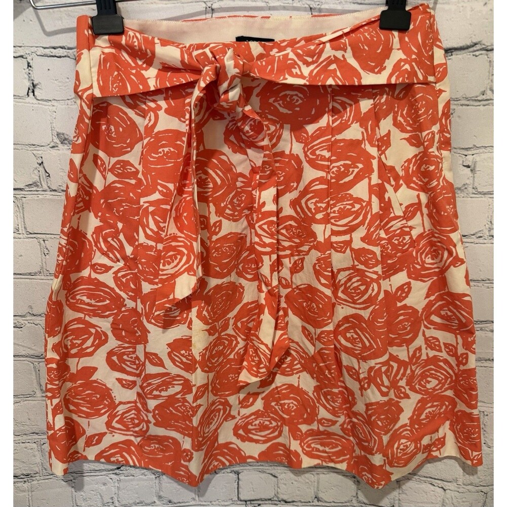 J. CREW • Pleated Rose Print Skirt Cotton Skirt Orange & Cream Tie Waist Size 0